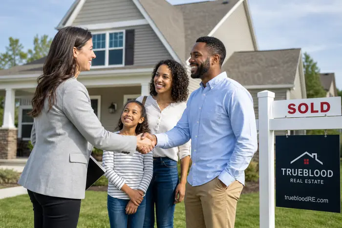 Family and agent celebrating sold home