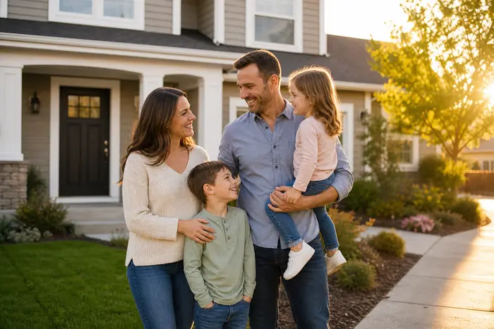 Happy family outside their home